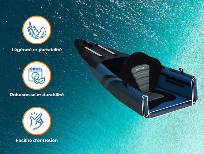 Découvrez le Kayak Torpedo, votre passeport pour l’aventure.
Ses dimensions idéales pour pagayer, associées à ses deux ailerons rétractables, vous permettront d’explorer les rivages les plus lointains.
Entièrement composé de drop-stitch, ce kayak robuste est d’une rigidité extrême.